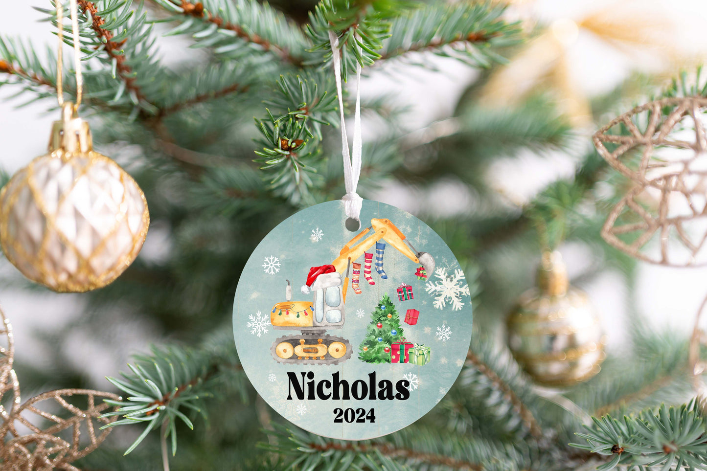 Personalized Excavator Christmas Ornament 2025 – Custom Construction Truck Ornament for Kids