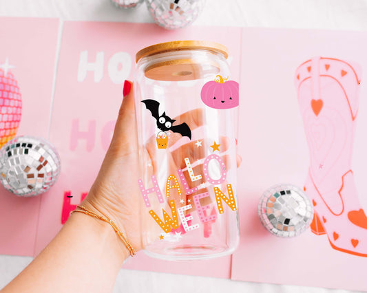 Pink Halloween Iced Coffee Glass – Cute Retro Pastel Ghost & Pumpkin Cup with Bamboo Lid