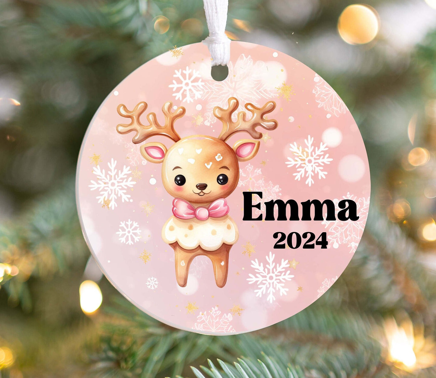Personalized Pink Reindeer Christmas Ornament- Custom Name & Year | Aluminum or Hardboard