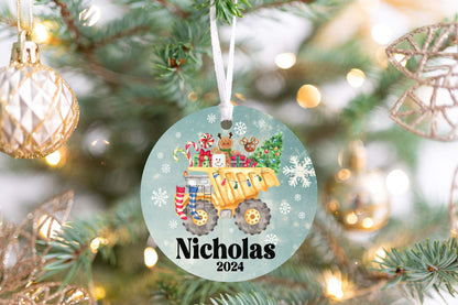 Personalized Dump Truck Christmas Ornament 2025 – Custom Construction Ornament for Kids