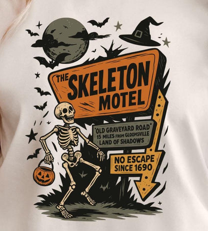 Skeleton Motel Halloween Shirt - Retro Graphic Tee for Spooky Season