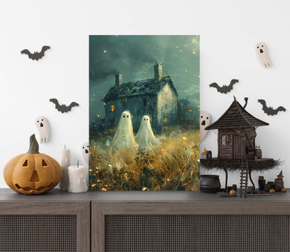 Primitive Halloween Metal Sign – Ghost in Field Wall Art (Indoor & Outdoor)