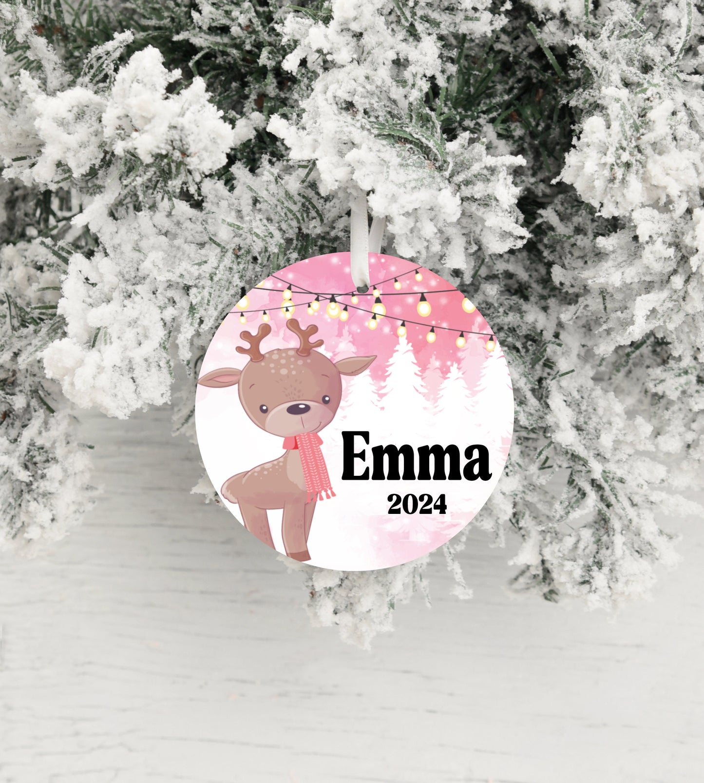 Personalized Pink Reindeer Christmas Ornament- Custom Name & Year | Aluminum or Hardboard