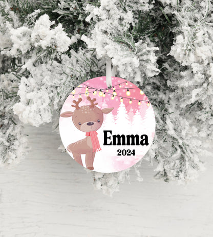 Personalized Pink Reindeer Christmas Ornament- Custom Name & Year | Aluminum or Hardboard
