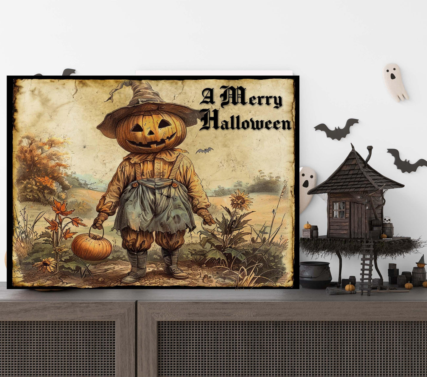 Primitive Pumpkin Head Scarecrow Halloween Metal Sign – Spooky Wall Art for Indoor & Outdoor Decor