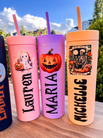 Personalized Halloween Tumbler with Straw – Custom Skinny Matte Pastel Cups, Party Favors