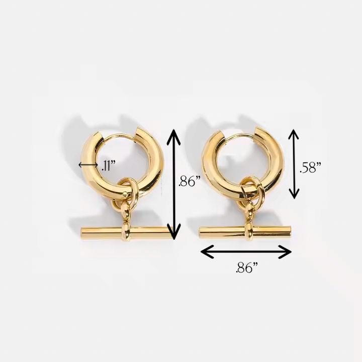 18K Gold Plated T Bar Earrings – Minimalist Huggie Hoop Drops