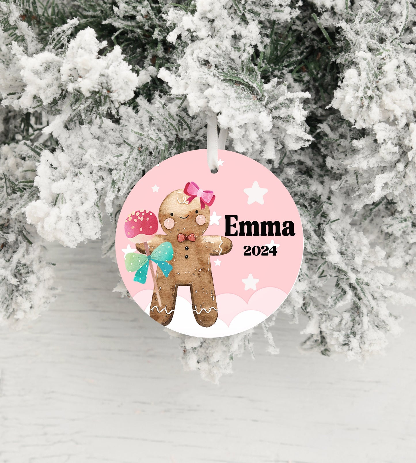 Personalized Pink Gingerbread Christmas Ornament- Custom Name & Year | Aluminum or Hardboard