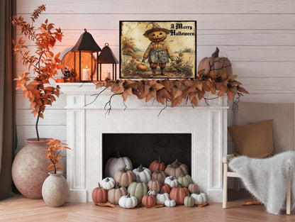 Primitive Pumpkin Head Scarecrow Halloween Metal Sign – Spooky Wall Art for Indoor & Outdoor Decor