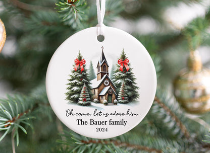 Personalized Church Christmas Ornament 2025 – “Oh Come Let Us Adore Him” with Family Name