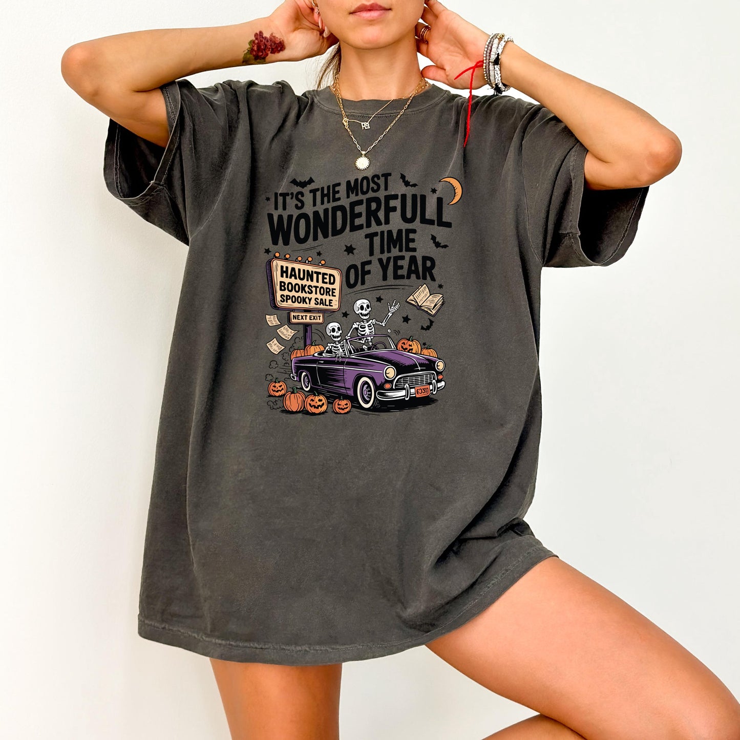 Skeleton Haunted Bookstore Halloween Graphic Tee – Retro Halloween Graphic Tee