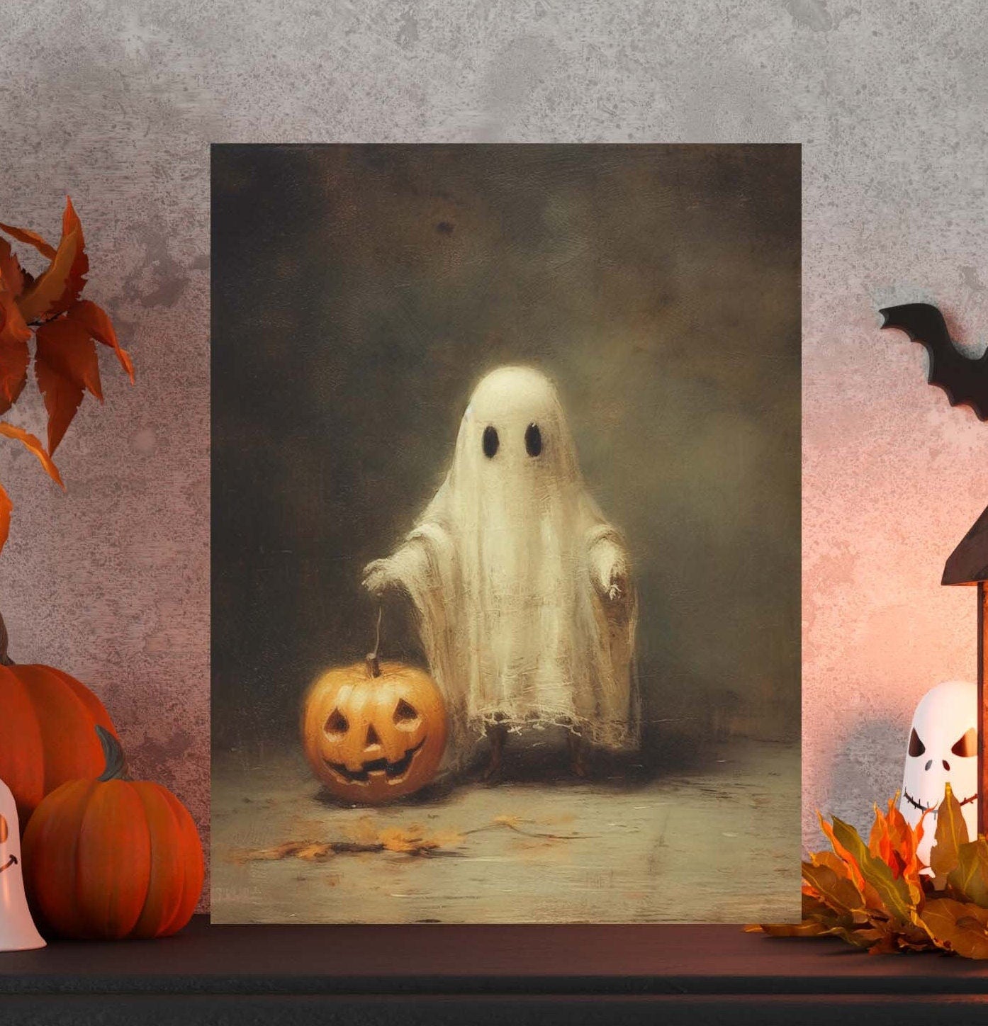 Primitive Halloween Metal Sign – Cute Ghost Trick-Or-Treat Wall Art (Indoor & Outdoor)