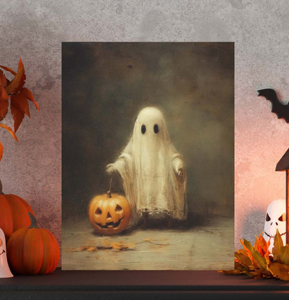 Primitive Halloween Metal Sign – Cute Ghost Trick-Or-Treat Wall Art (Indoor & Outdoor)