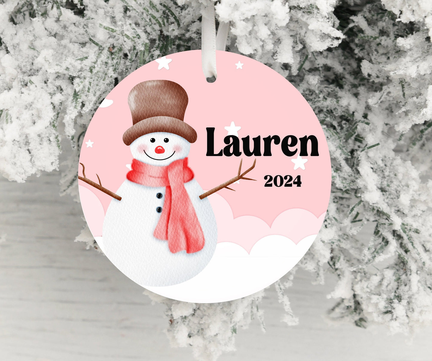 Personalized Pink Snowman Christmas Ornament- Custom Name & Year | Aluminum or Hardboard