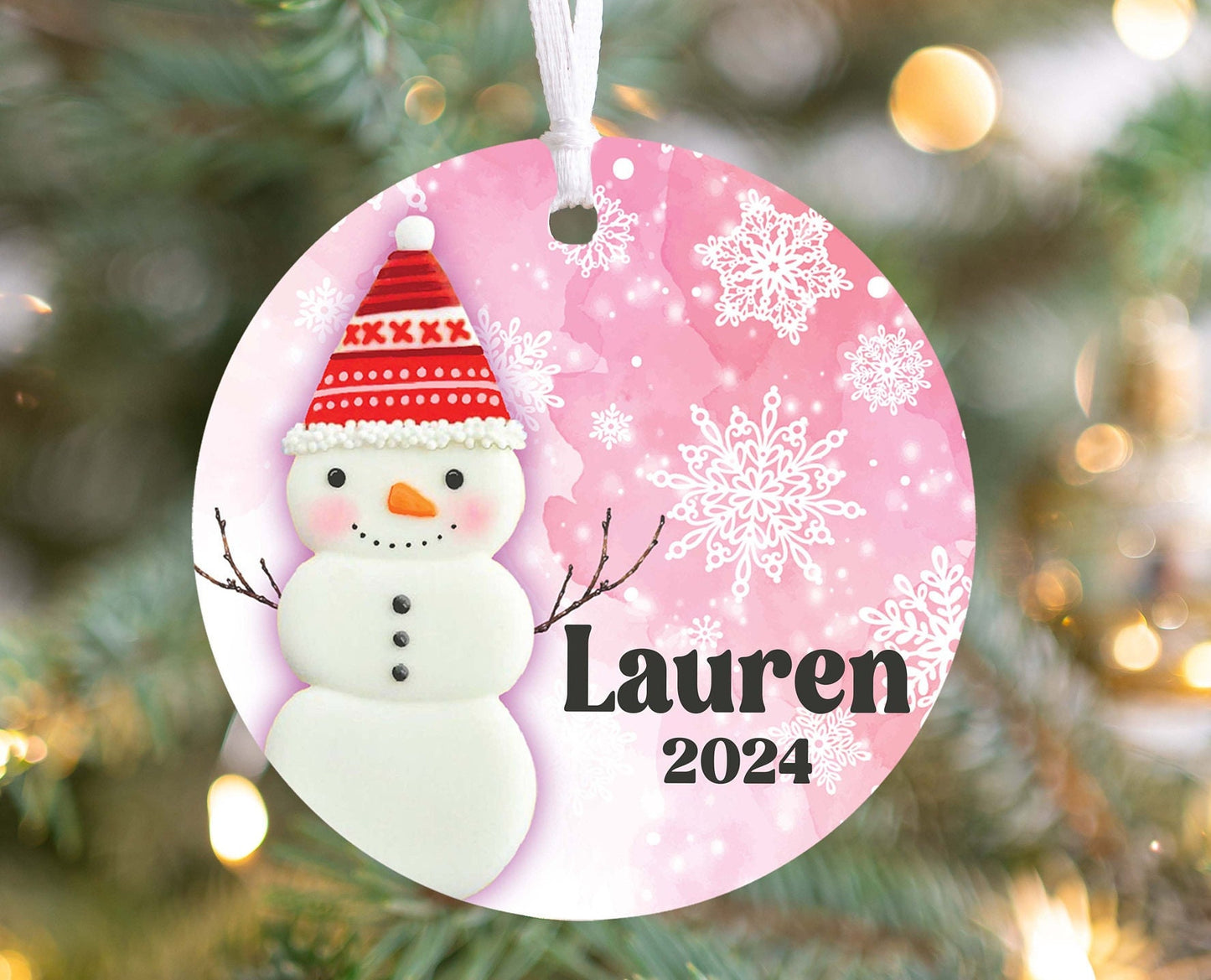 Personalized Pink Snowman Christmas Ornament- Custom Name & Year | Aluminum or Hardboard