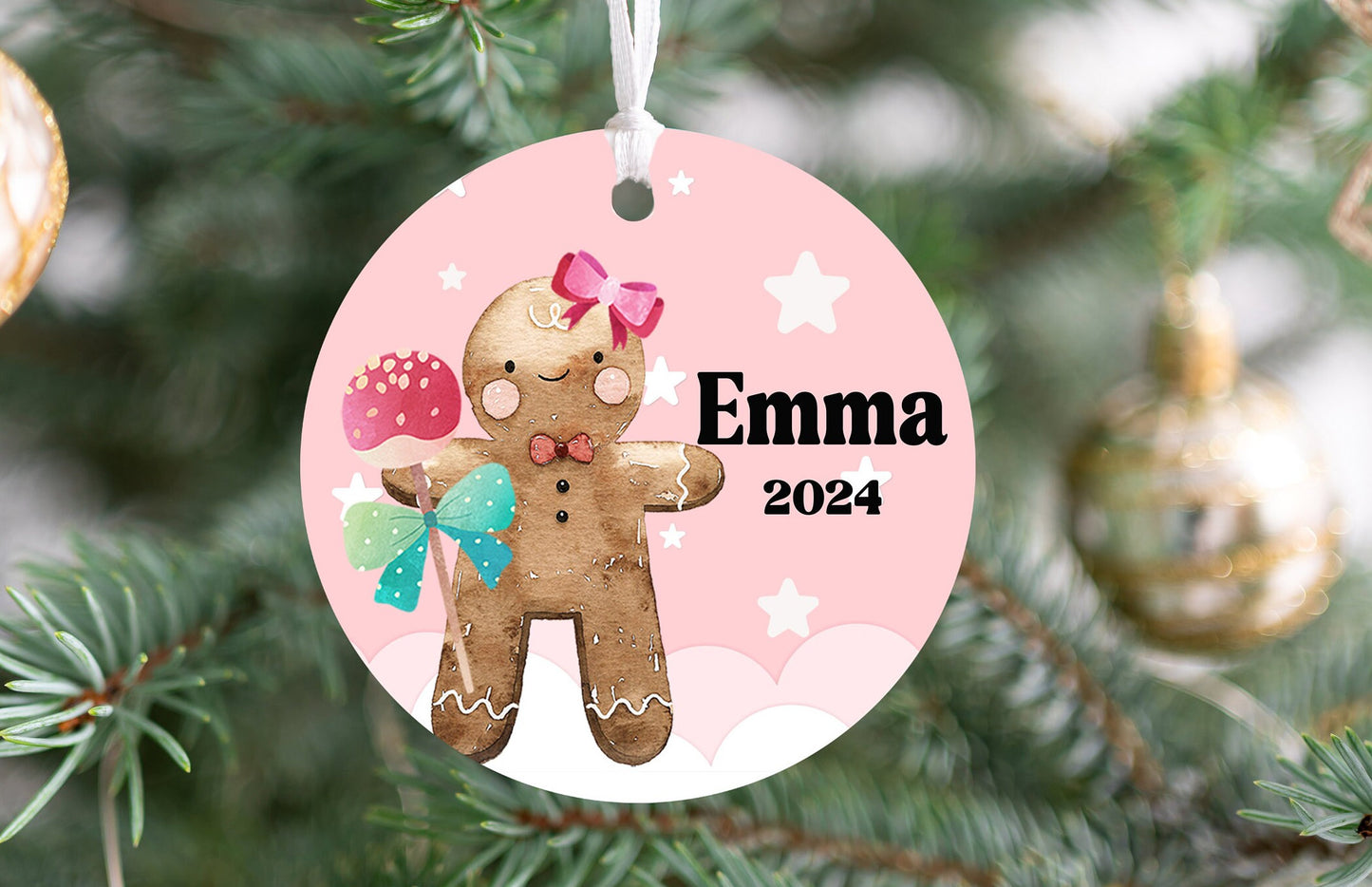 Personalized Pink Gingerbread Christmas Ornament- Custom Name & Year | Aluminum or Hardboard