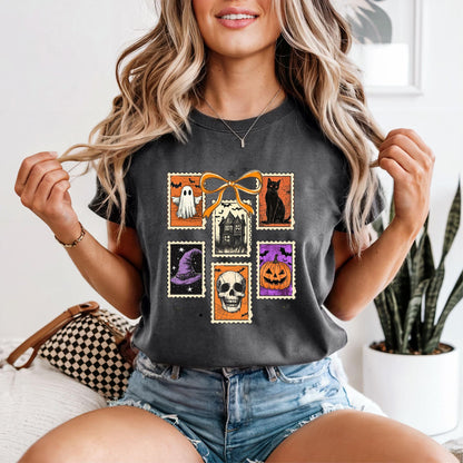 Vintage Halloween Graphic Tee - Retro Spooky Shirt with Ghost, Skull, Pumpkin & Cat Design