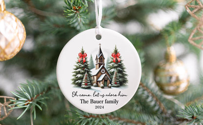 Personalized Church Christmas Ornament 2025 – “Oh Come Let Us Adore Him” with Family Name