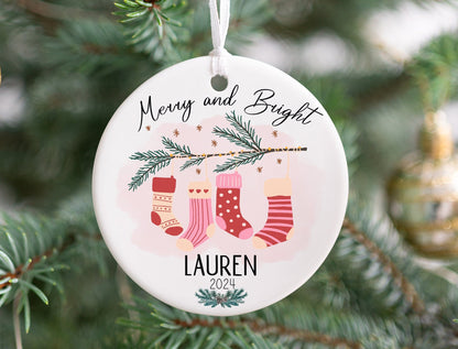 Personalized Pink Stocking Christmas Ornament- Custom Name & Year | Aluminum or Hardboard