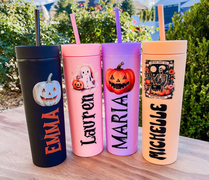 Personalized Halloween Tumbler with Straw – Custom Skinny Matte Pastel Cups, Party Favors