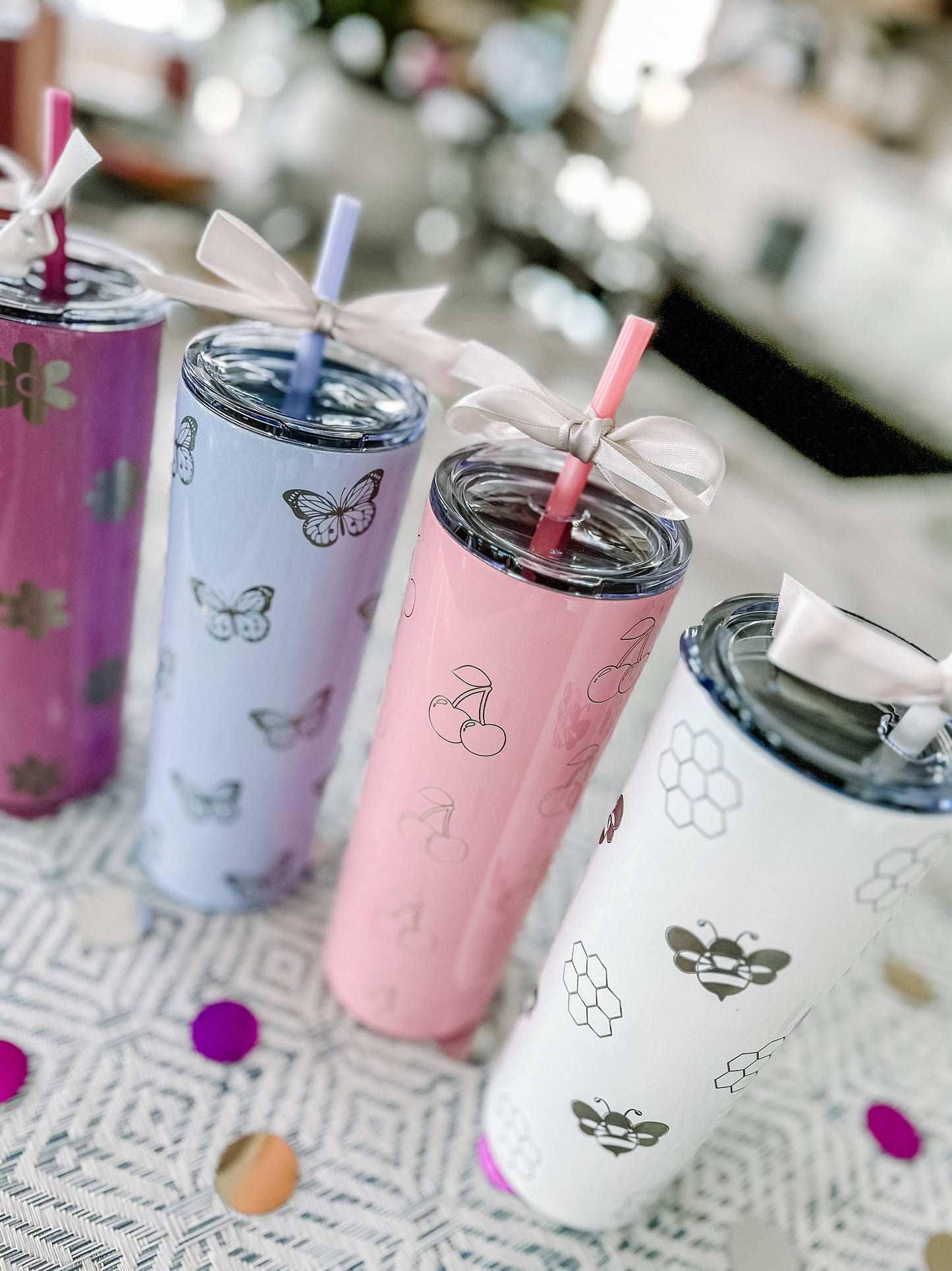 Personalized 20 oz Tumbler – Laser Engraved Skinny Tumbler with Lid & Straw, Custom Cherry, Daisy, Bumblebee & Butterfly Designs