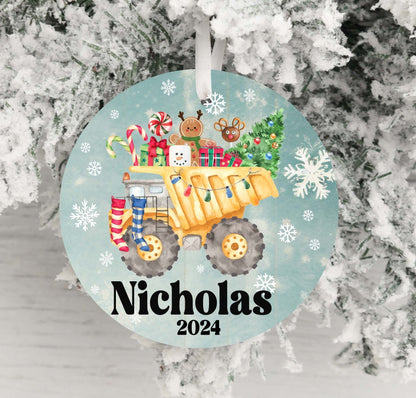 Personalized Dump Truck Christmas Ornament 2025 – Custom Construction Ornament for Kids