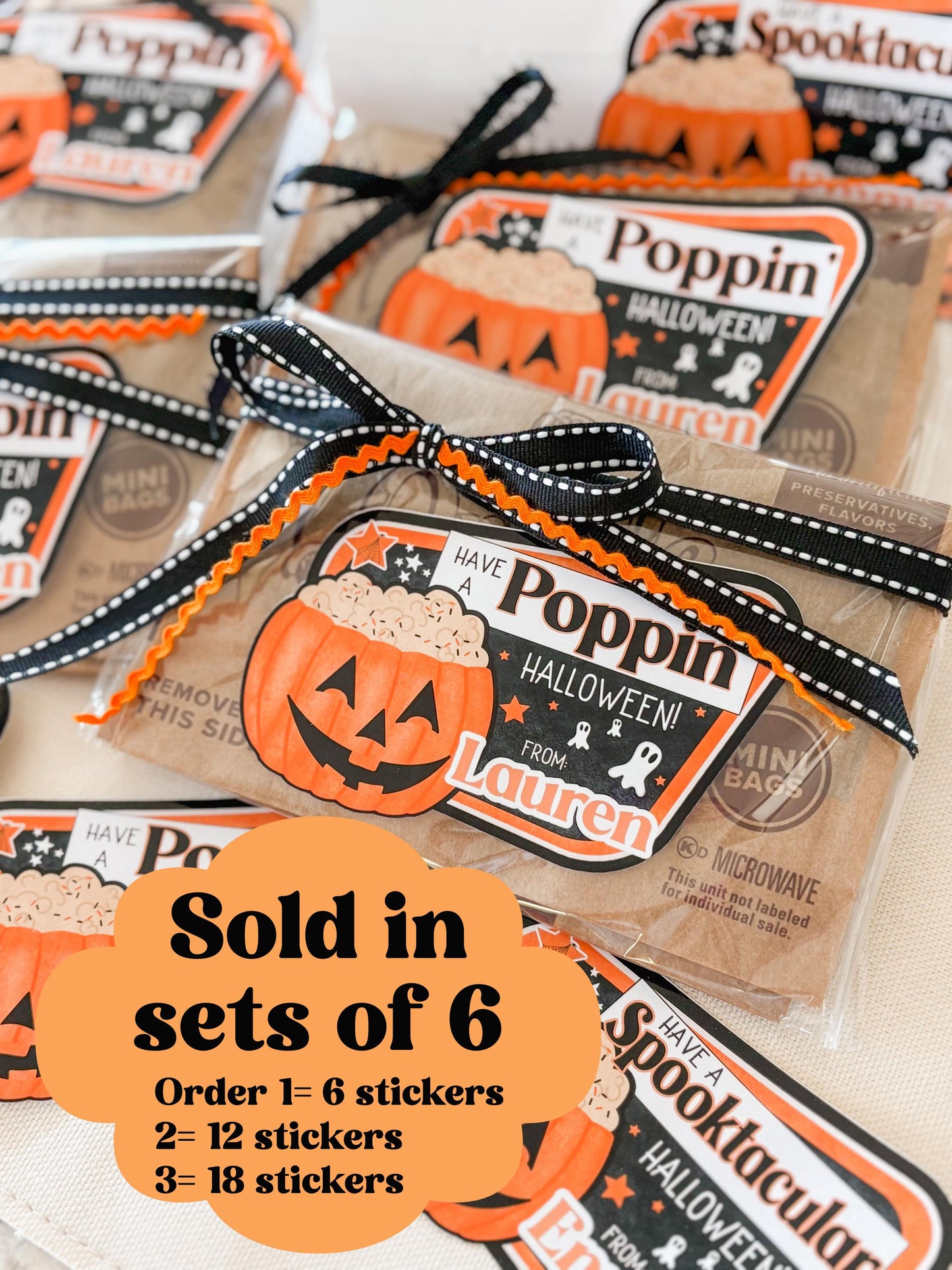 Halloween Popcorn Stickers – Personalized “Have a Poppin’ Halloween” Labels for Kids, Classroom, or Party Favors
