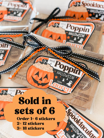 Halloween Popcorn Stickers – Personalized “Have a Poppin’ Halloween” Labels for Kids, Classroom, or Party Favors