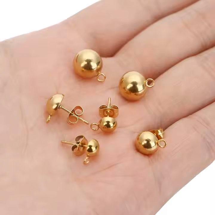 8mm & 6mm Half Ball Stainless Steel Earring Stud Posts – 18K Gold Plated or Silver – 10 Pcs Earring Findings with Loop