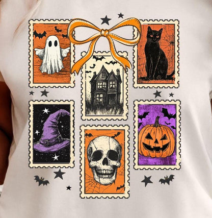 Vintage Halloween Graphic Tee - Retro Spooky Shirt with Ghost, Skull, Pumpkin & Cat Design
