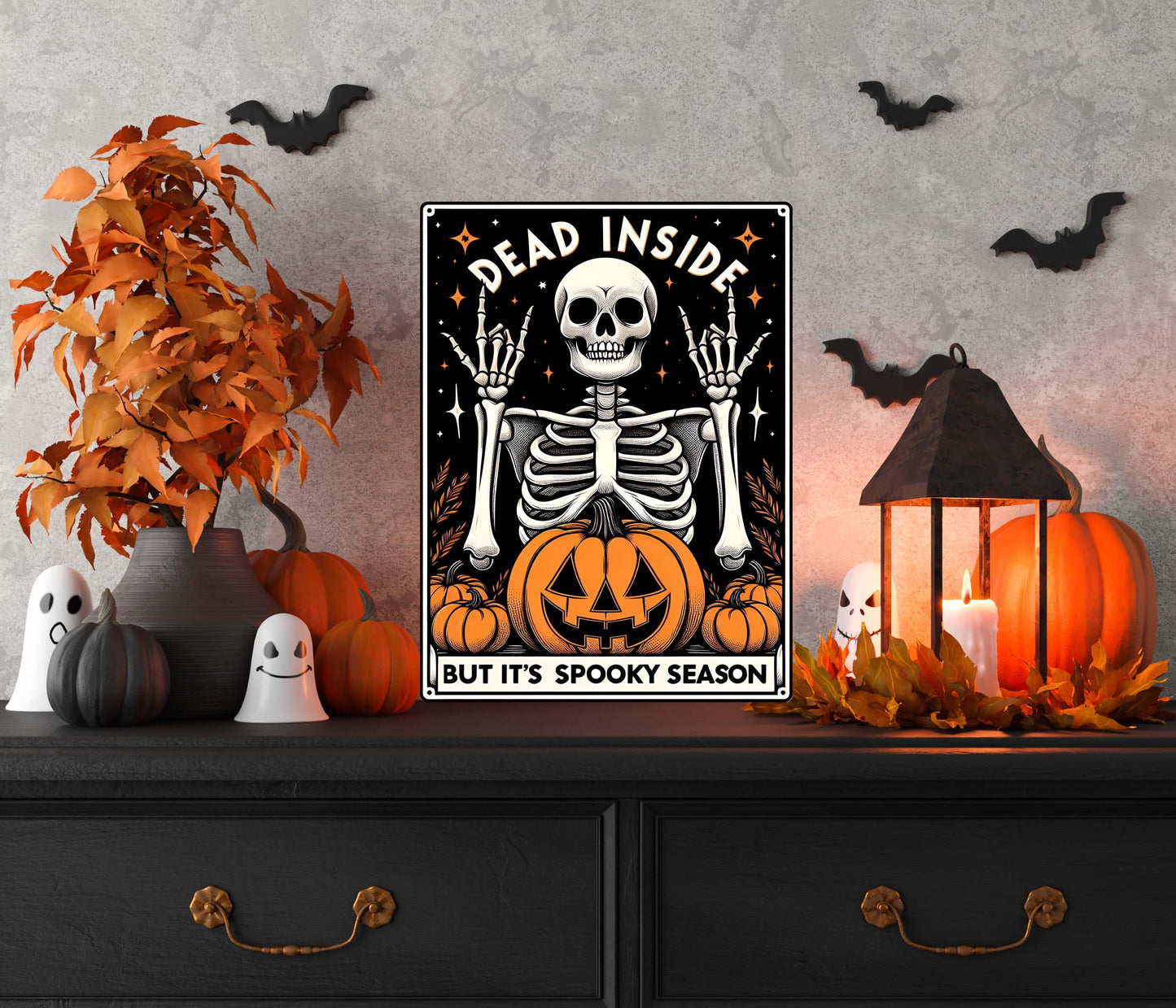 Dead Inside But It’s Spooky Season Metal Sign – Primitive Halloween Tarot Card Wall Art, Indoor/Outdoor Cottagecore Decor