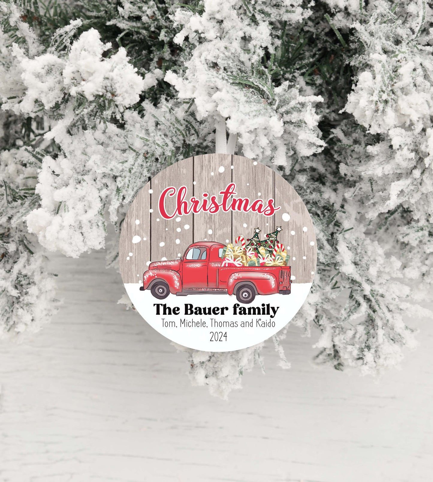 Personalized Family Christmas Ornament 2025 – Vintage Red Truck Holiday Keepsake