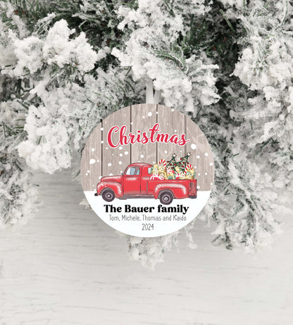 Personalized Family Christmas Ornament 2025 – Vintage Red Truck Holiday Keepsake