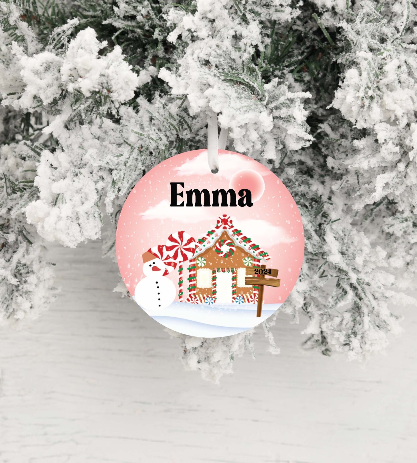 Personalized Pink Gingerbread House Christmas Ornament- Custom Name & Year | Aluminum or Hardboard
