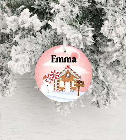 Personalized Pink Gingerbread House Christmas Ornament- Custom Name & Year | Aluminum or Hardboard