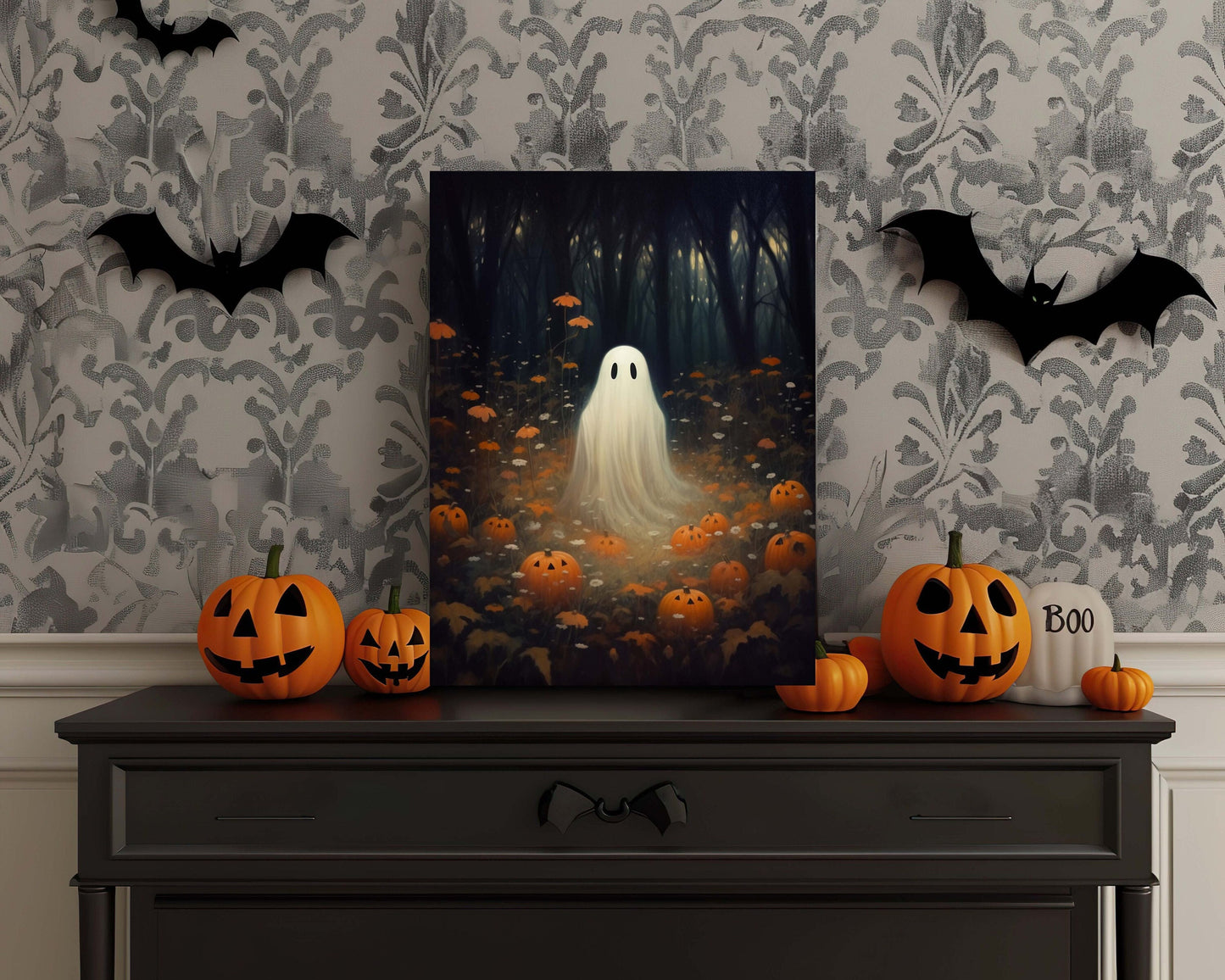 Primitive Halloween Metal Sign – Cute Ghost with Pumpkins Wall Art (Indoor & Outdoor)