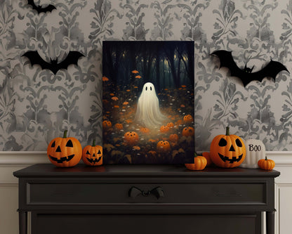 Primitive Halloween Metal Sign – Cute Ghost with Pumpkins Wall Art (Indoor & Outdoor)