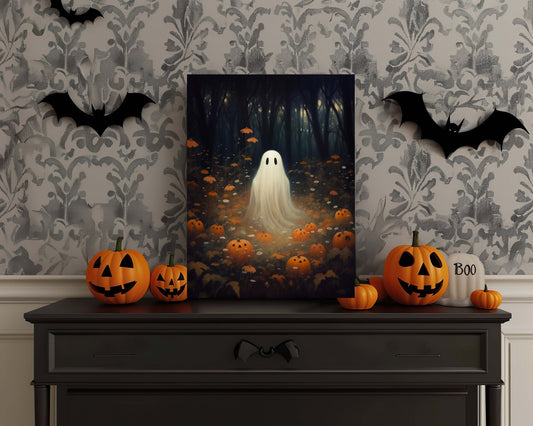 Primitive Halloween Metal Sign – Cute Ghost with Pumpkins Wall Art (Indoor & Outdoor)