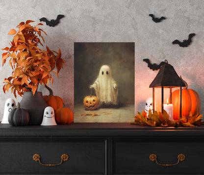 Primitive Halloween Metal Sign – Cute Ghost Trick-Or-Treat Wall Art (Indoor & Outdoor)