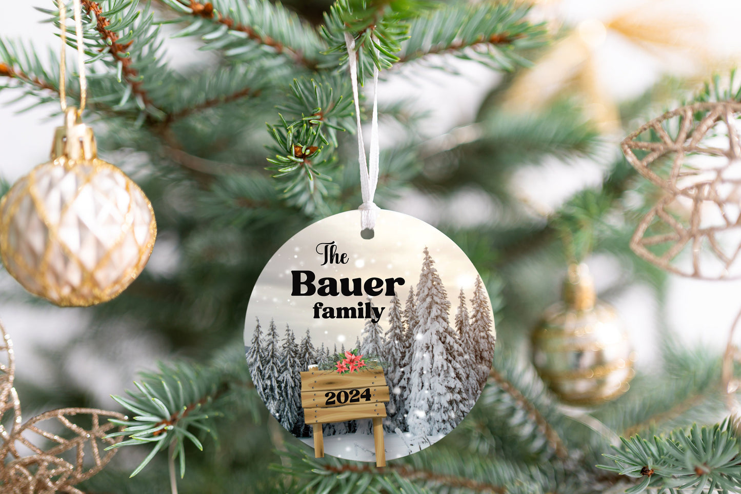 Personalized Snow Scene Family Ornament 2025 – Last Name, Forest & Nature Design