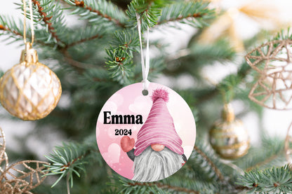 Personalized Pink Gnome Christmas Ornament- Custom Name & Year | Aluminum or Hardboard