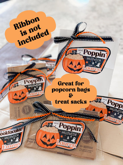 Halloween Popcorn Stickers – Personalized “Have a Poppin’ Halloween” Labels for Kids, Classroom, or Party Favors