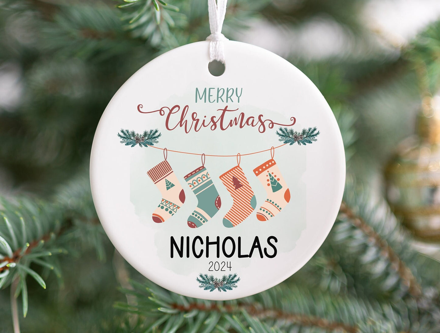 Personalized Stocking Christmas Ornament 2025 – Neutral Minimalist Sock Ornament for Kids, Teens & Adults