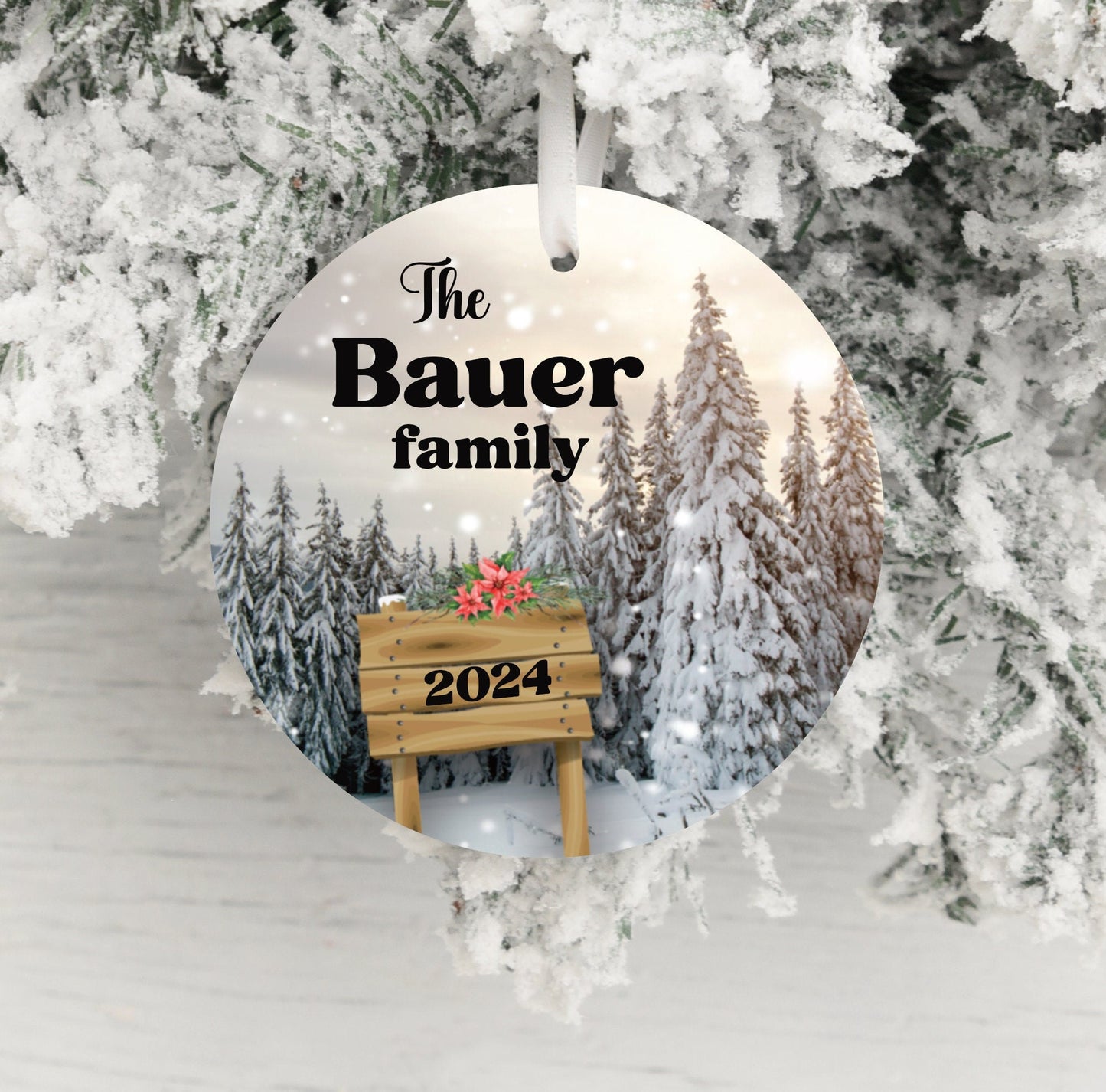 Personalized Snow Scene Family Ornament 2025 – Last Name, Forest & Nature Design