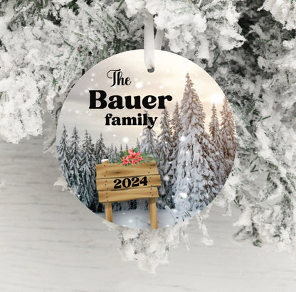 Personalized Snow Scene Family Ornament 2025 – Last Name, Forest & Nature Design