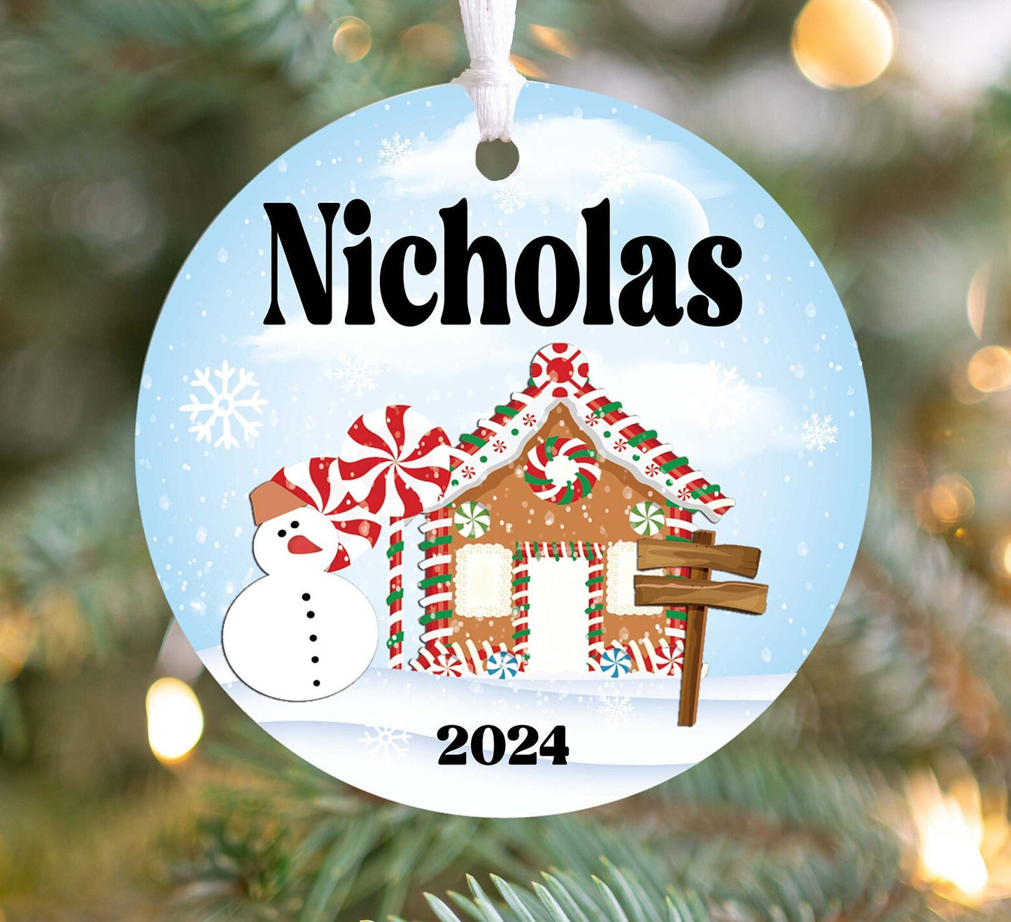 Personalized Gingerbread House Christmas Ornament 2025 – Custom Kids Ornament with Blue Background