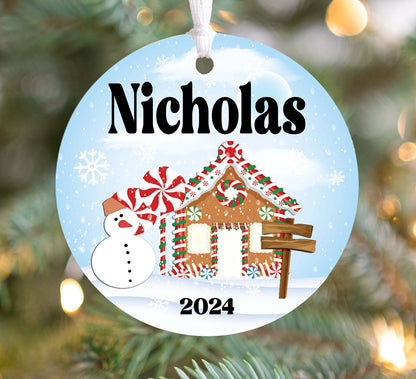 Personalized Gingerbread House Christmas Ornament 2025 – Custom Kids Ornament with Blue Background