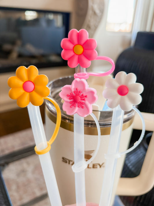 Flower Straw Toppers - 4 designs, Yellow Flower, Light Pink Flower, Dark Pink Flower, White Flower