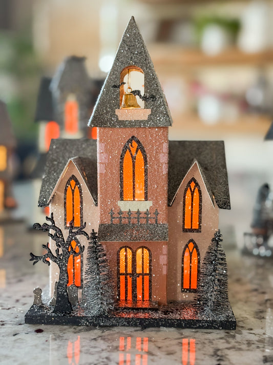 Lighted Haunted Abbey Church - Halloween Village Decoration