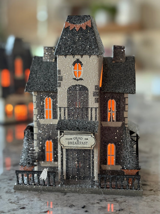 Lighted Haunted House Dead and Breakfast Inn- Halloween Village Decoration